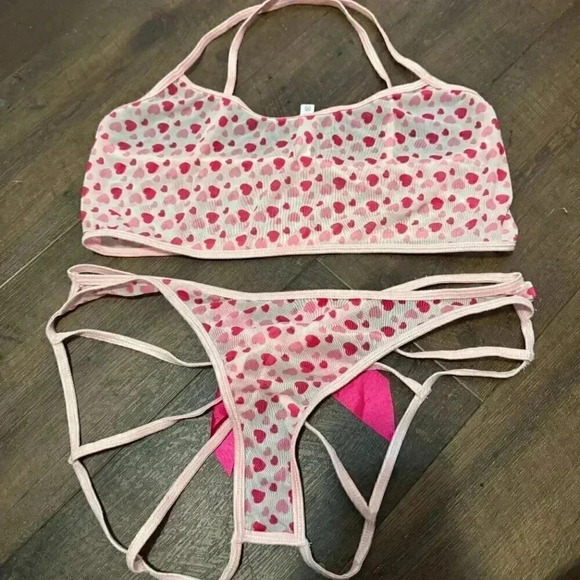 Coquette Red Heart Print Mesh  2 Piece Bra and Panties Lingerie Set OS - Picture 2 of 4